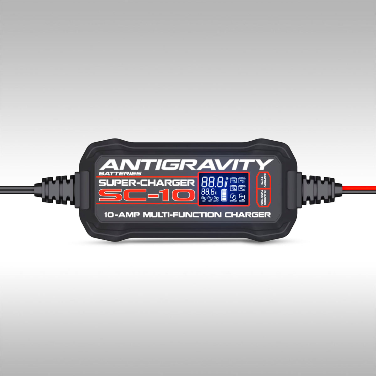 Antigravity SC-10 10-Amp Super-Charger battery charger with LCD display and cables.