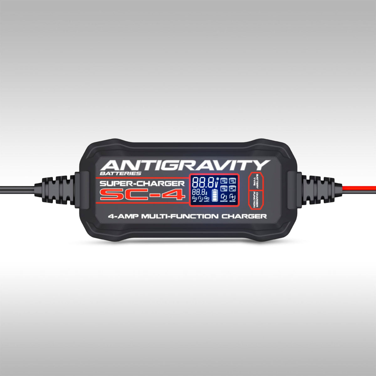 Antigravity SC-4 4-Amp Super-Charger battery charger with LCD display and cables.