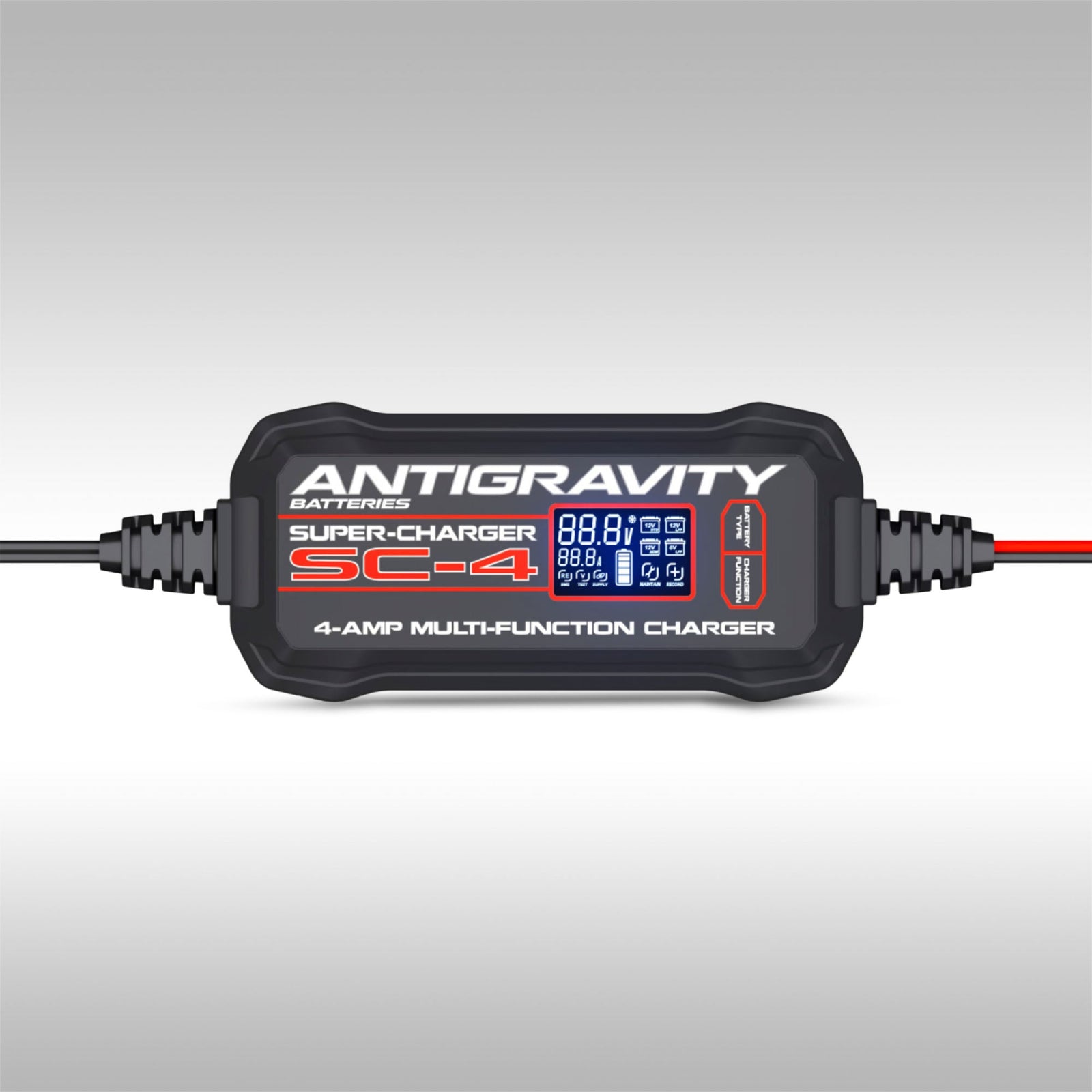 Antigravity SC-4 4-Amp Super-Charger battery charger with LCD display and cables.