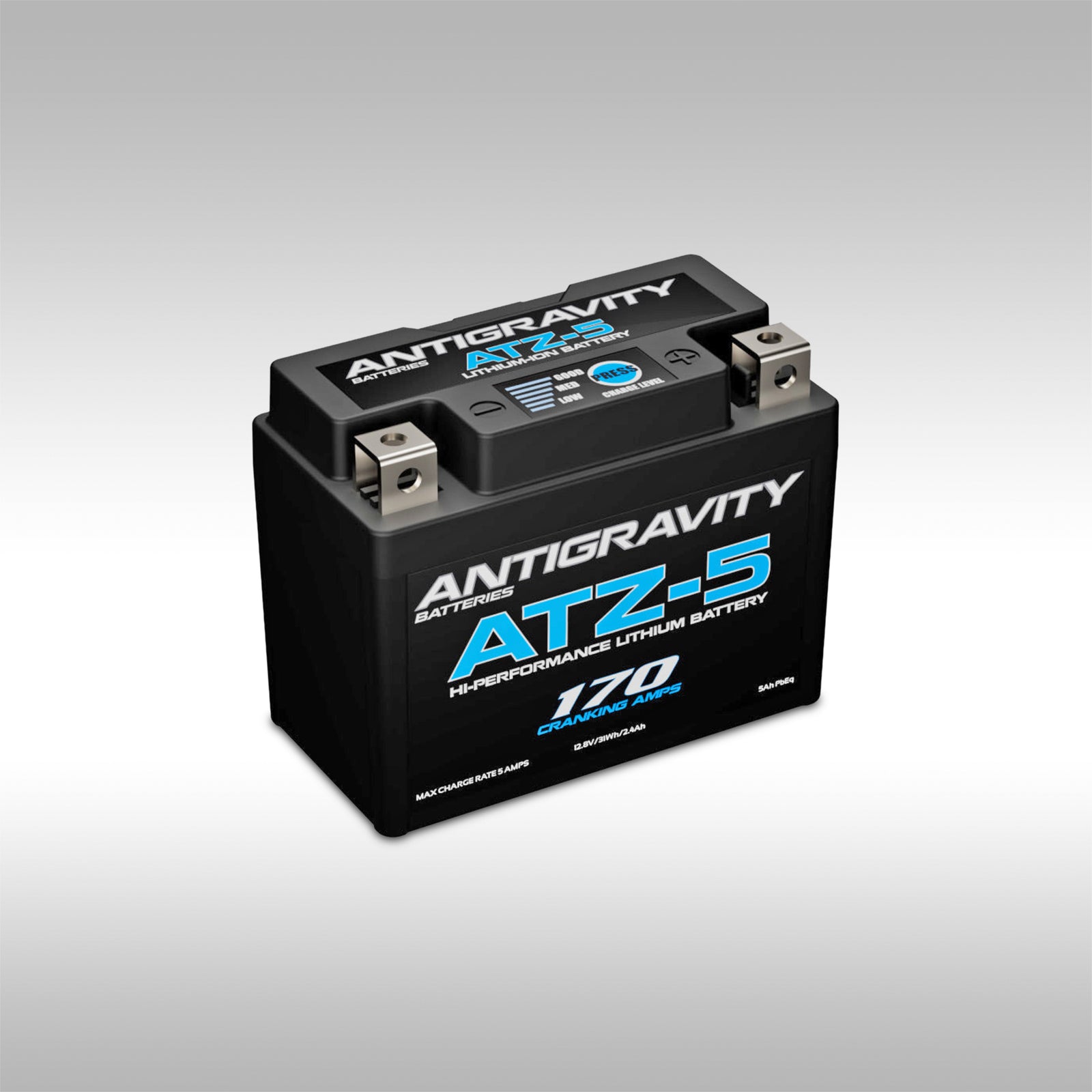 Antigravity ATZ-5 lithium powersports battery on a gray background.