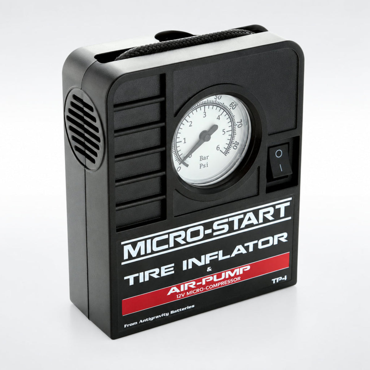 Antigravity AG-MSA-9 Micro-Start portable tire inflator showing the built in pressure gauge and compact black housing.