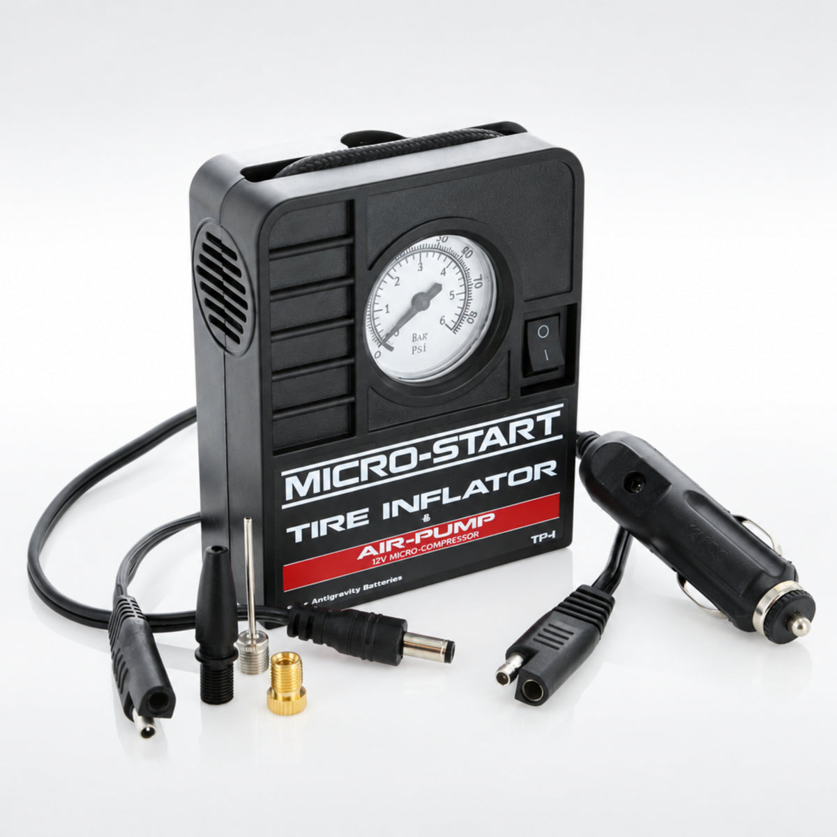 Antigravity AG-MSA-9 Micro-Start portable tire inflator showing the built in pressure gauge and compact black housing.