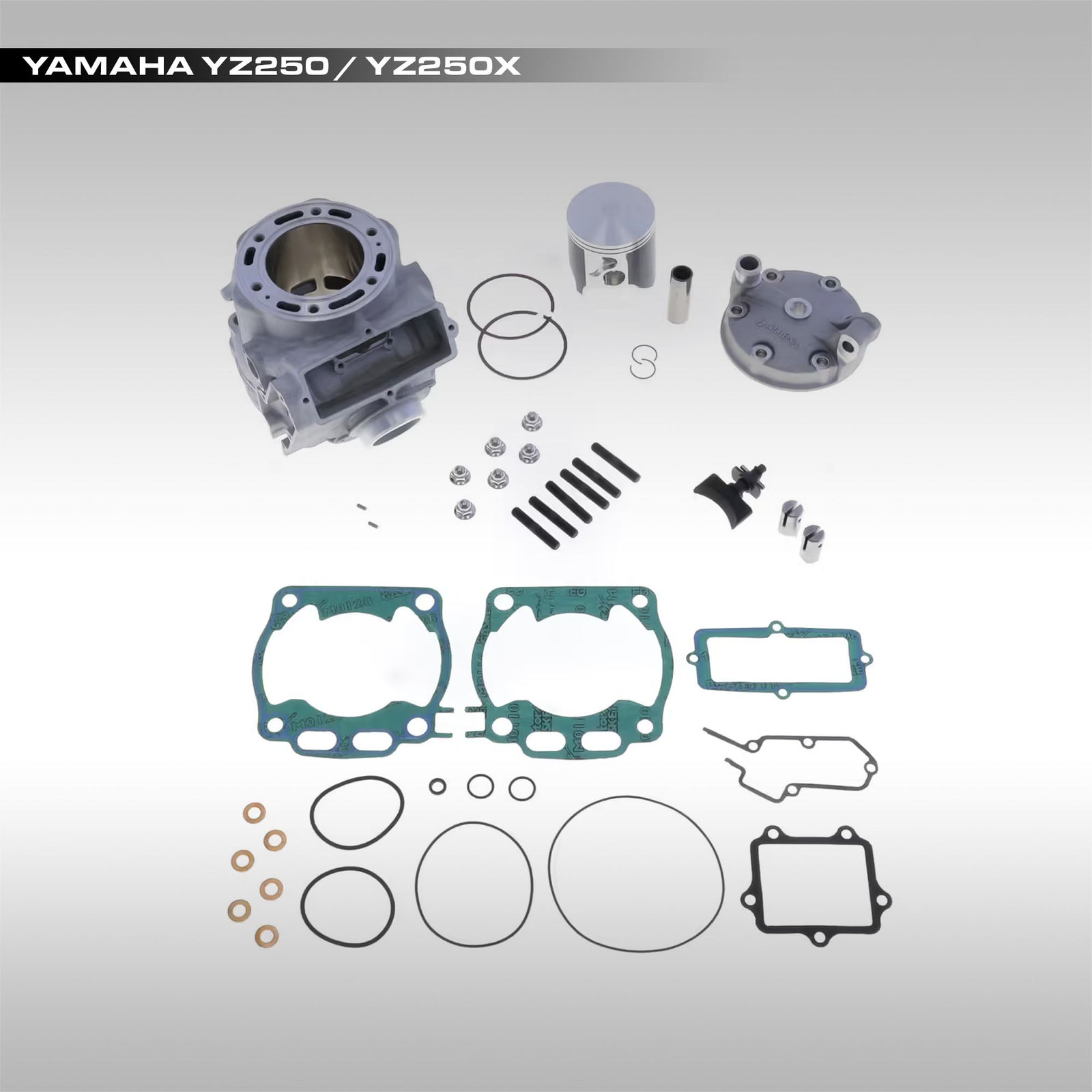 Yamaha YZ250/YZ250X engine parts on a white background