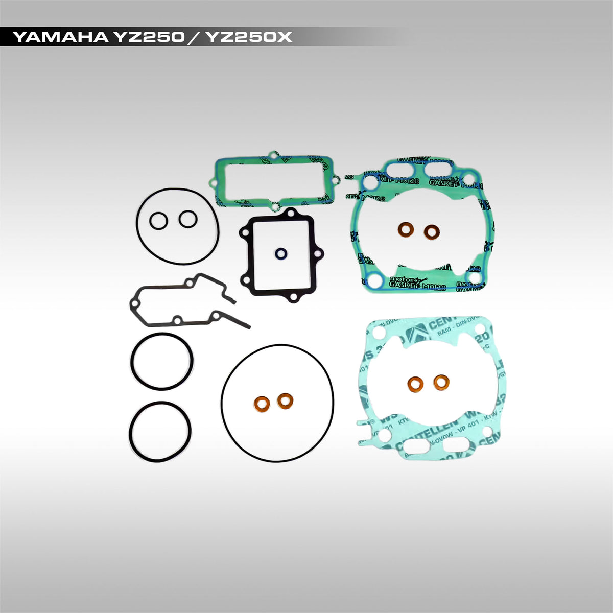 Set of gaskets and seals for Yamaha YZ250/YZ250X on a gray background