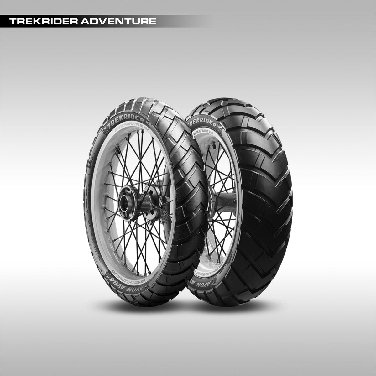 Avon Trekrider adventure motorcycle tires on a gray background