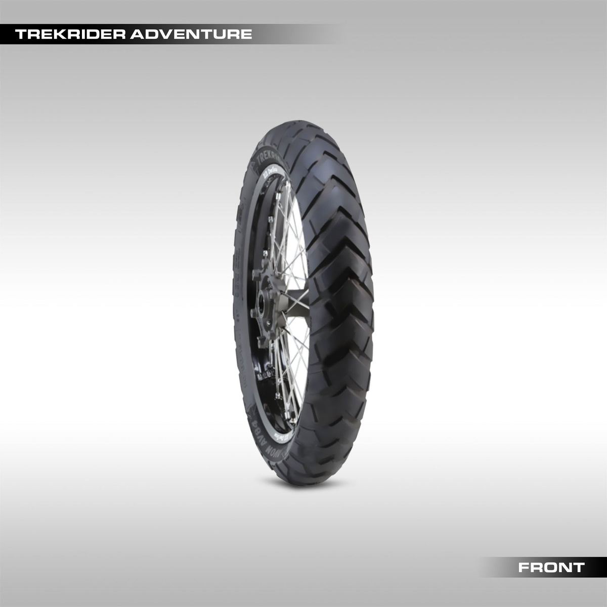 Avon Trekrider adventure motorcycle tires on a gray background