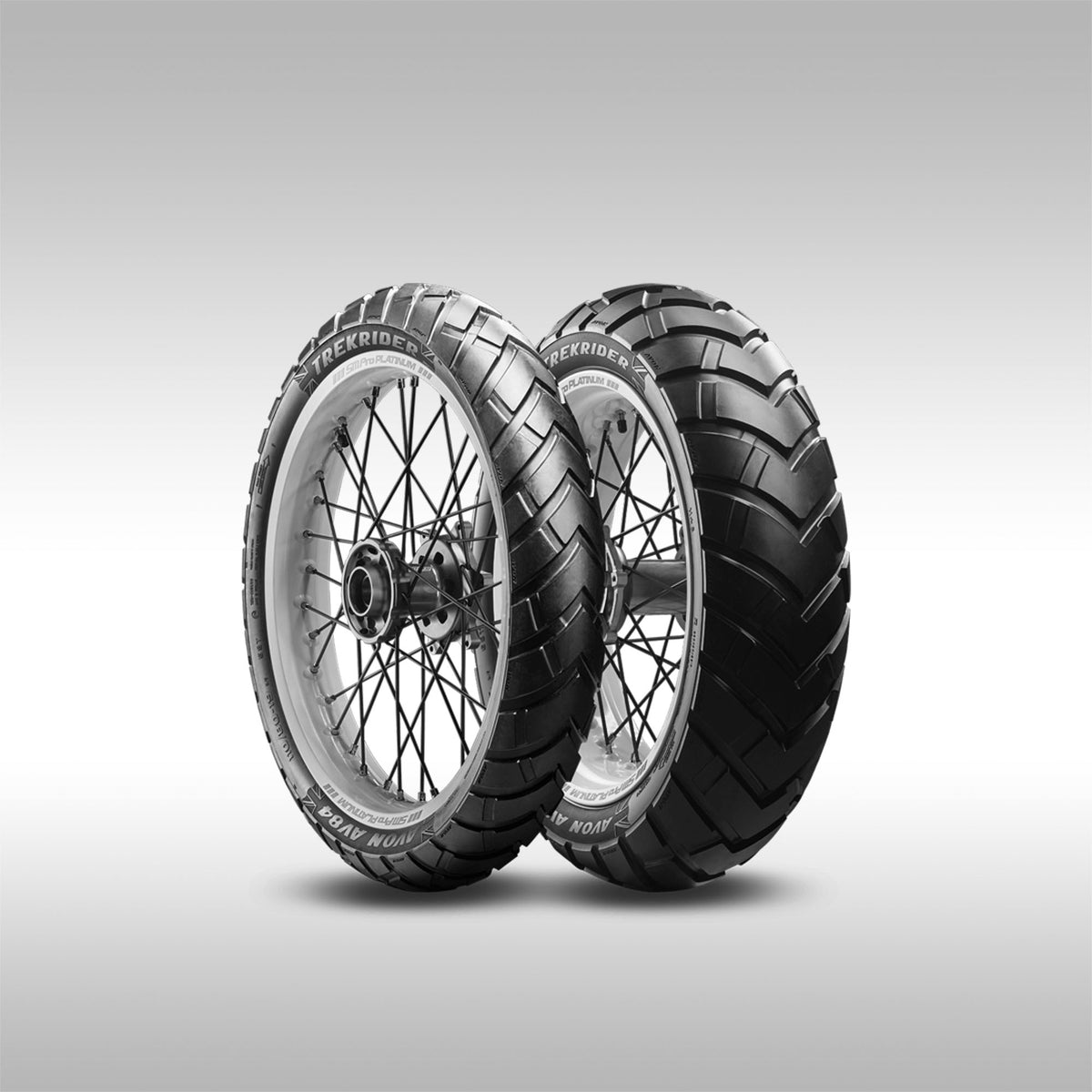 Avon Trekrider adventure motorcycle tires on a gray background