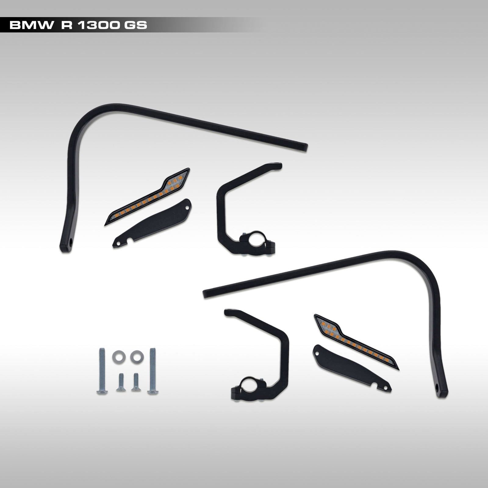 Set of black metal BMW R 1300 GS handguard components on a gray background 