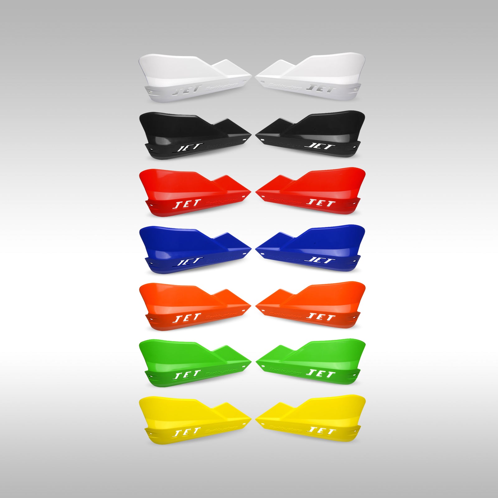 Barkbuster JET handguard shields in all colors on a gray background