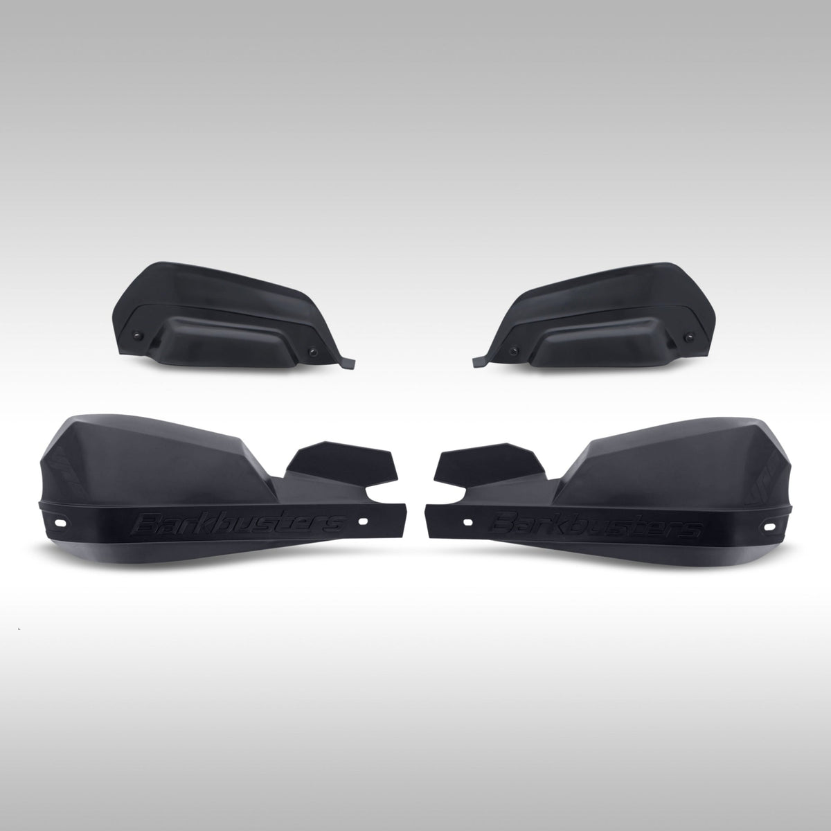 Black black Barkbusters VPS 2.0 shields shown with deflectors on a light gray background.