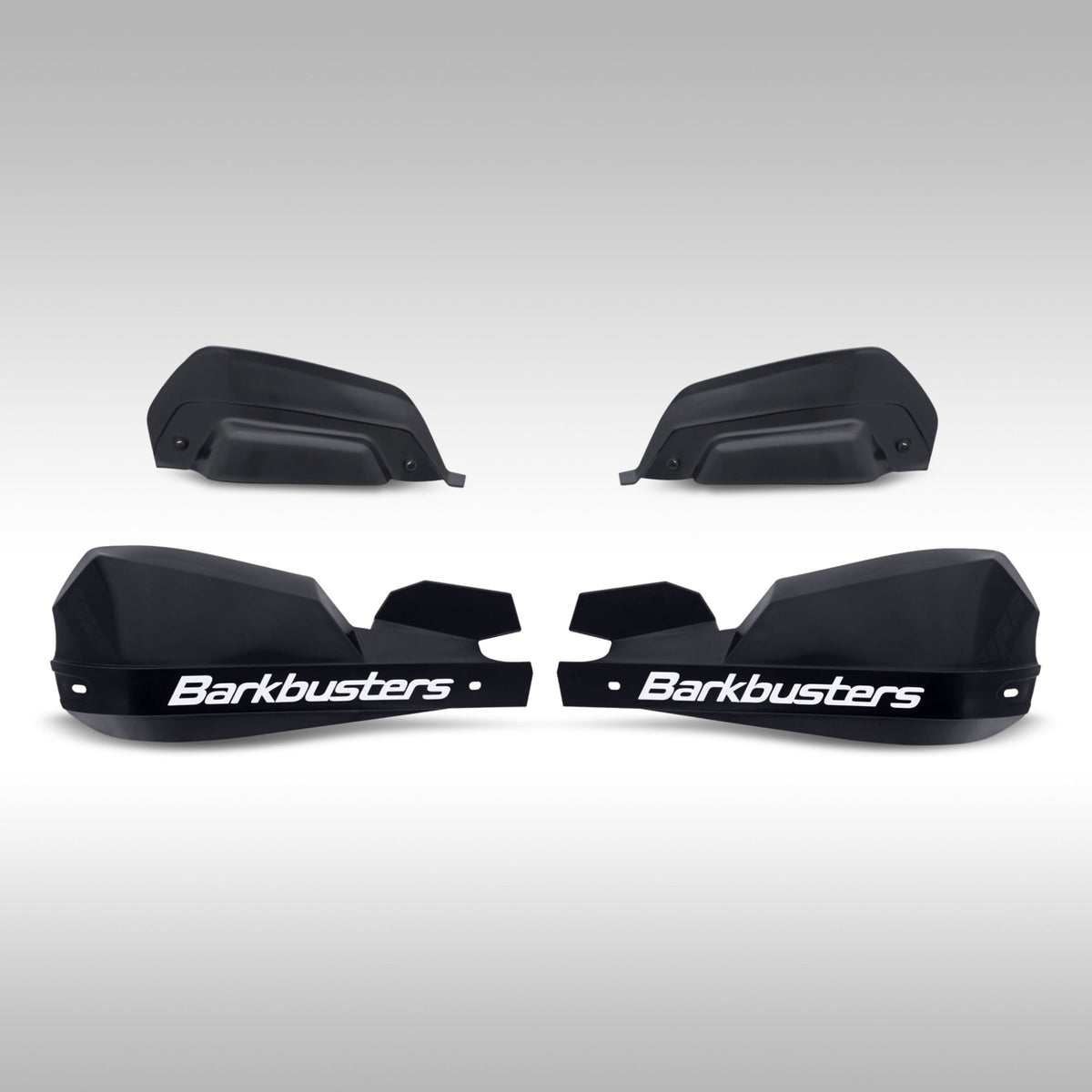 Black white Barkbusters VPS 2.0 shields shown with deflectors on a light gray background.