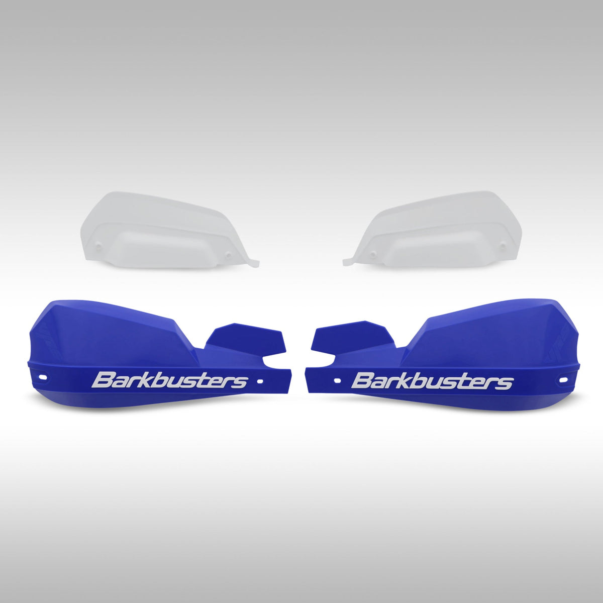 Blue white Barkbusters VPS 2.0 shields shown with deflectors on a light gray background.