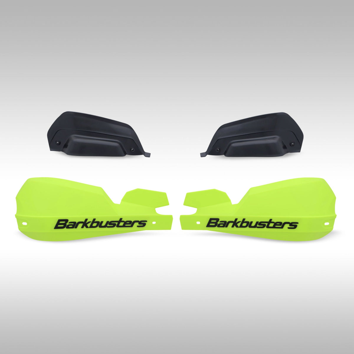 Flo yellow black Barkbusters VPS 2.0 shields shown with deflectors on a light gray background.
