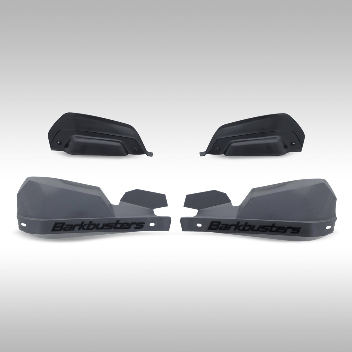 Gray black Barkbusters VPS 2.0 shields shown with deflectors on a light gray background.