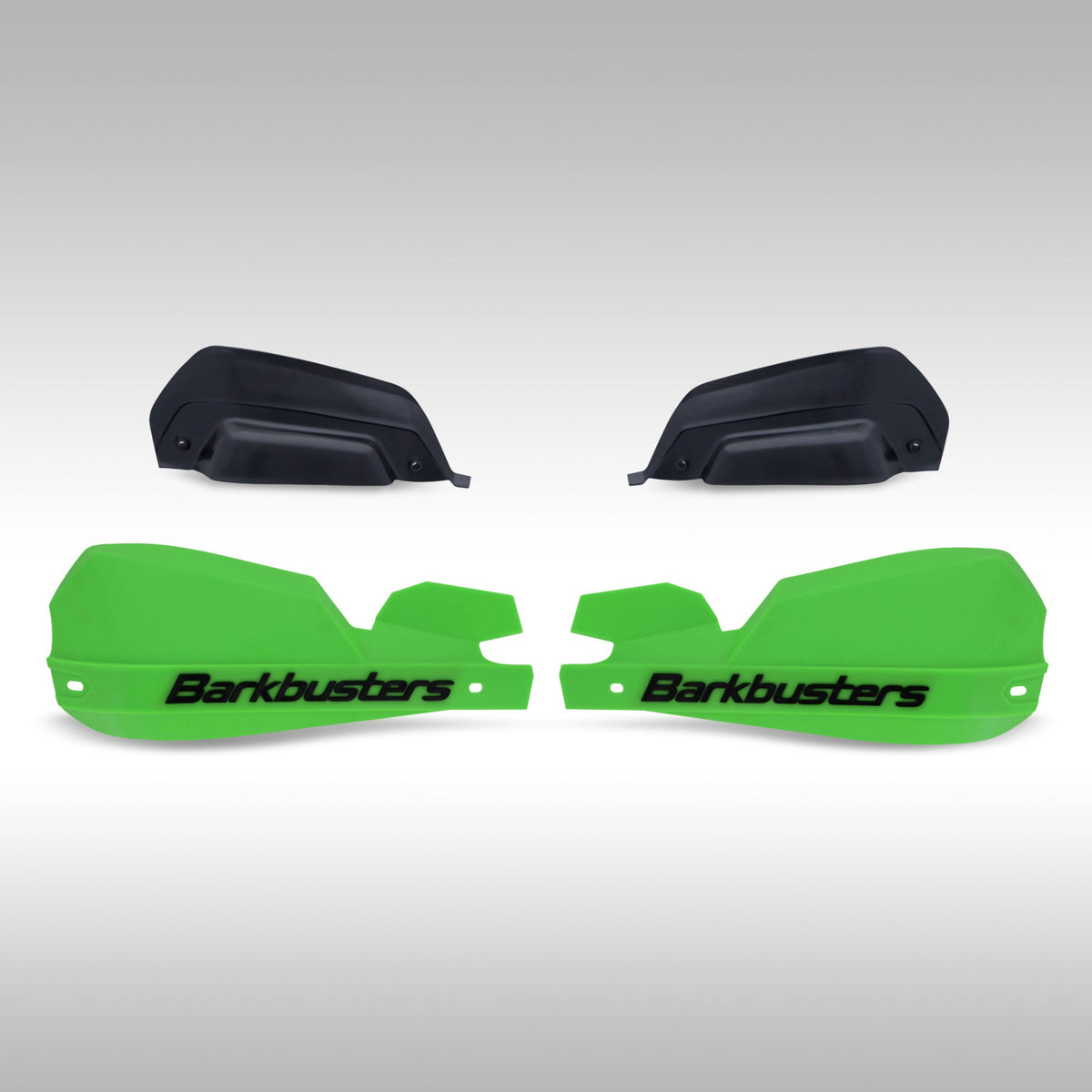 Green black Barkbusters VPS 2.0 shields shown with deflectors on a light gray background.
