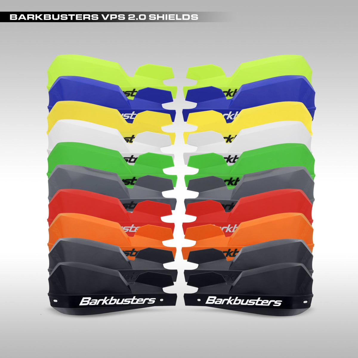 Barkbusters VPS 2.0 Shields in various colors on a gray background