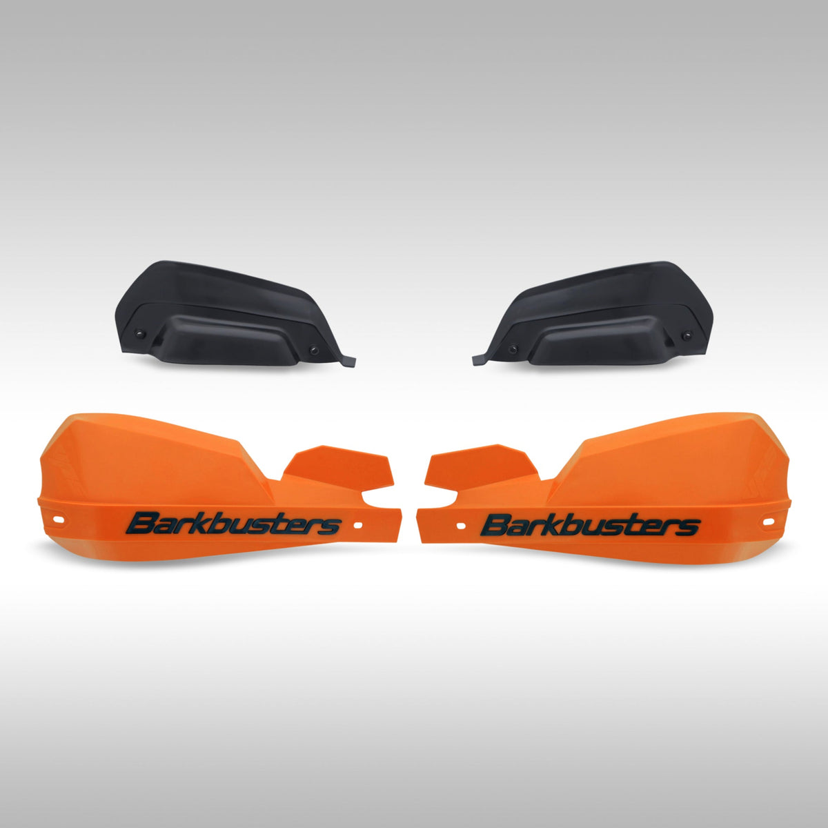 Orange black Barkbusters VPS 2.0 shields shown with deflectors on a light gray background.
