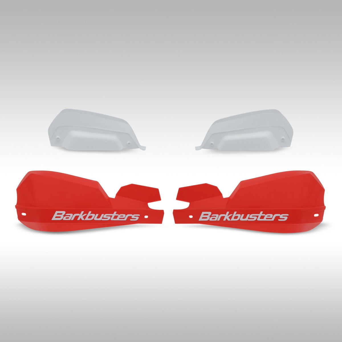 Red white Barkbusters VPS 2.0 shields shown with deflectors on a light gray background.
