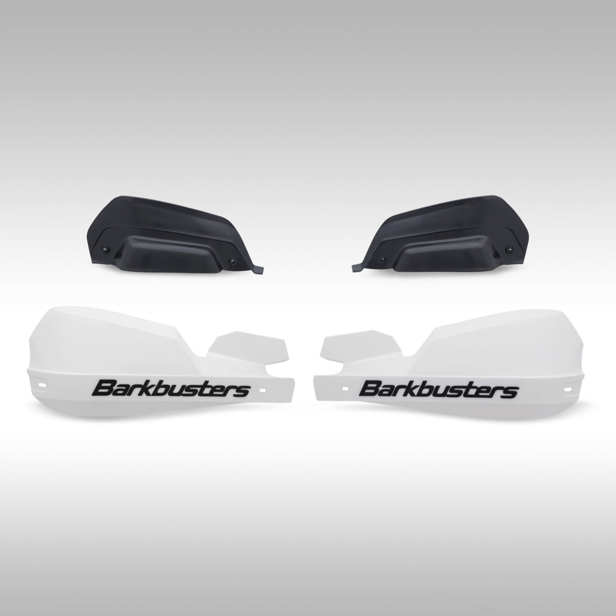 White black Barkbusters VPS 2.0 shields shown with deflectors on a light gray background.