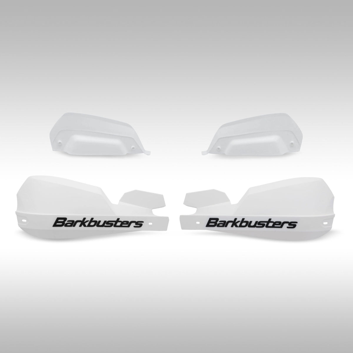 White white Barkbusters VPS 2.0 shields shown with deflectors on a light gray background.