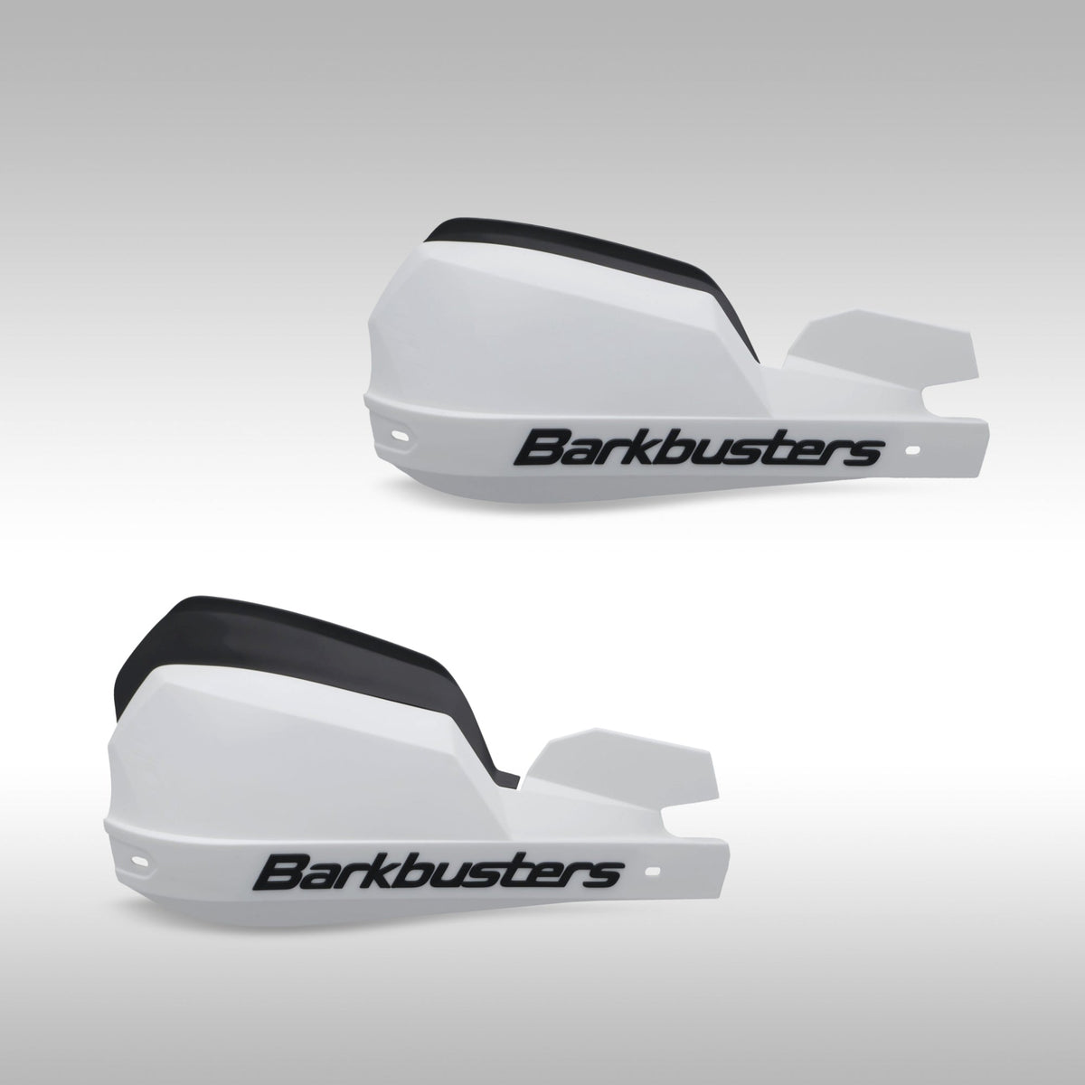 White black Barkbusters VPS 2.0 showing the two wind deflector positions on a light gray background.