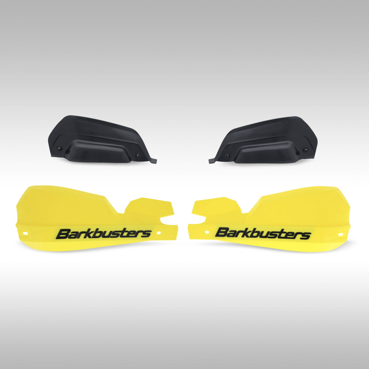 Yellow black Barkbusters VPS 2.0 shields shown with deflectors on a light gray background.