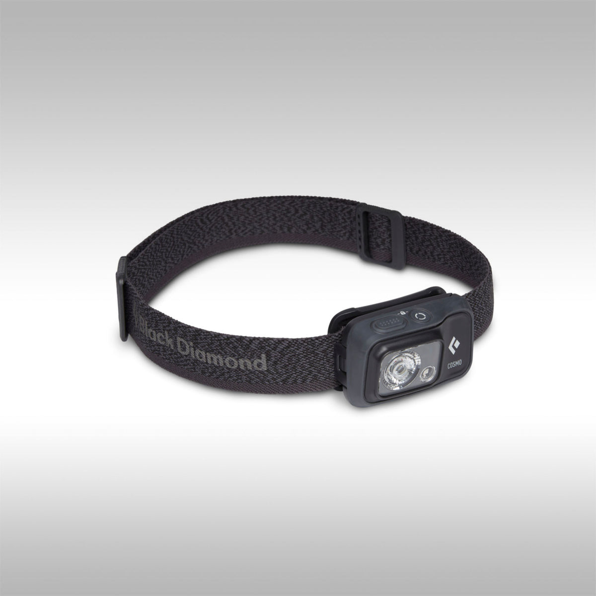 Black headlamp with visible brand logo on a gray background