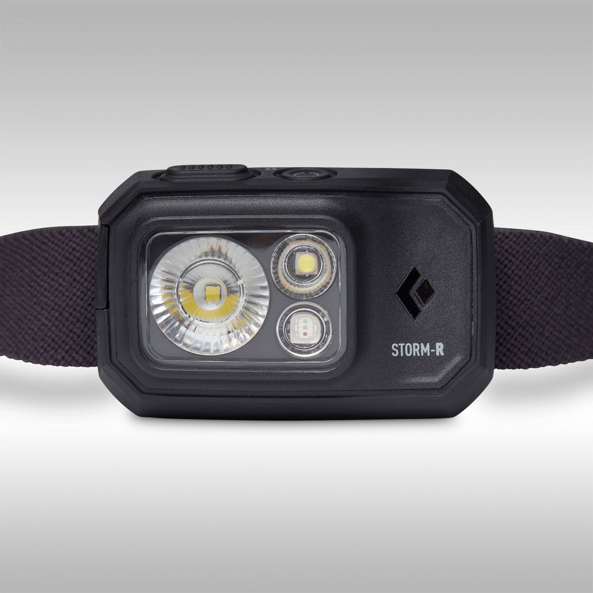 Black headlamp with multiple lights on a gray background