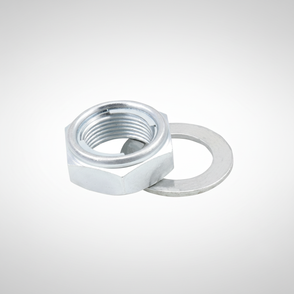 Bolt Motorcycle Hardware AXN22 M22x1.5 locking axle nut and washer in factory packaging.