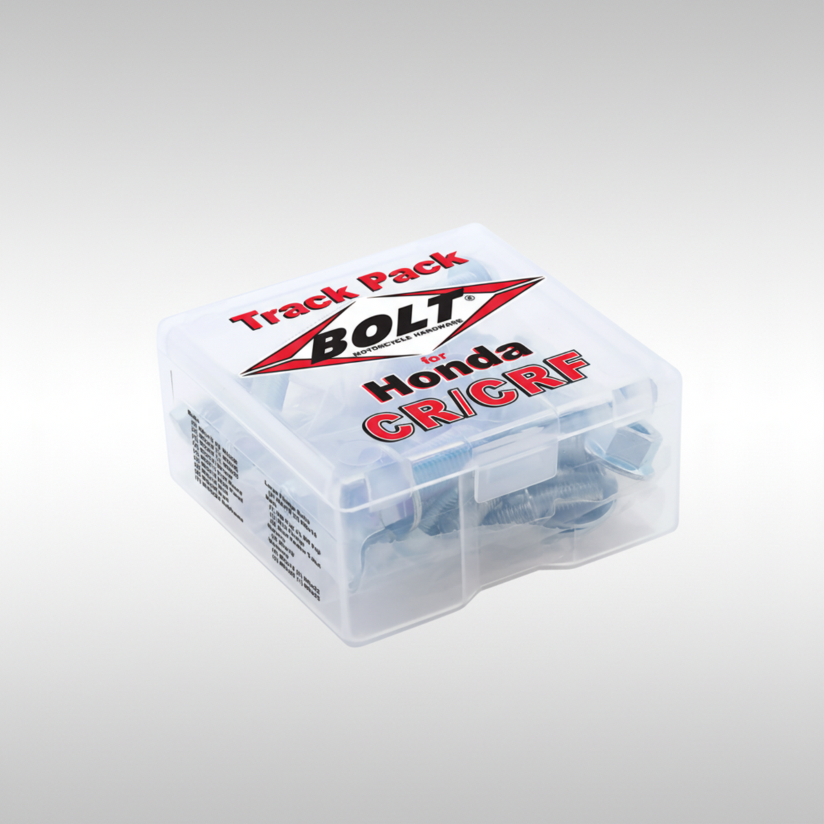 Bolt Motorcycle Hardware CRF Track Pack II showing assorted metric bolts, T-nuts, and Fuji-lock nuts for Honda dirt bikes.