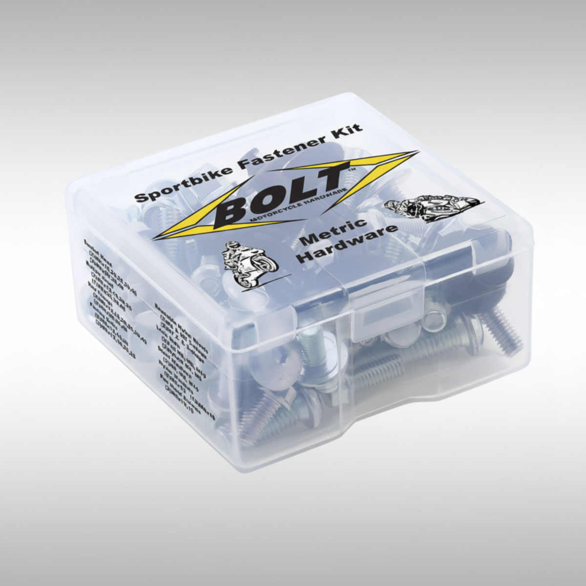 Bolt Motorcycle Hardware Sportbike Track Pack showing assorted metric bolts, rivets, and nuts.
