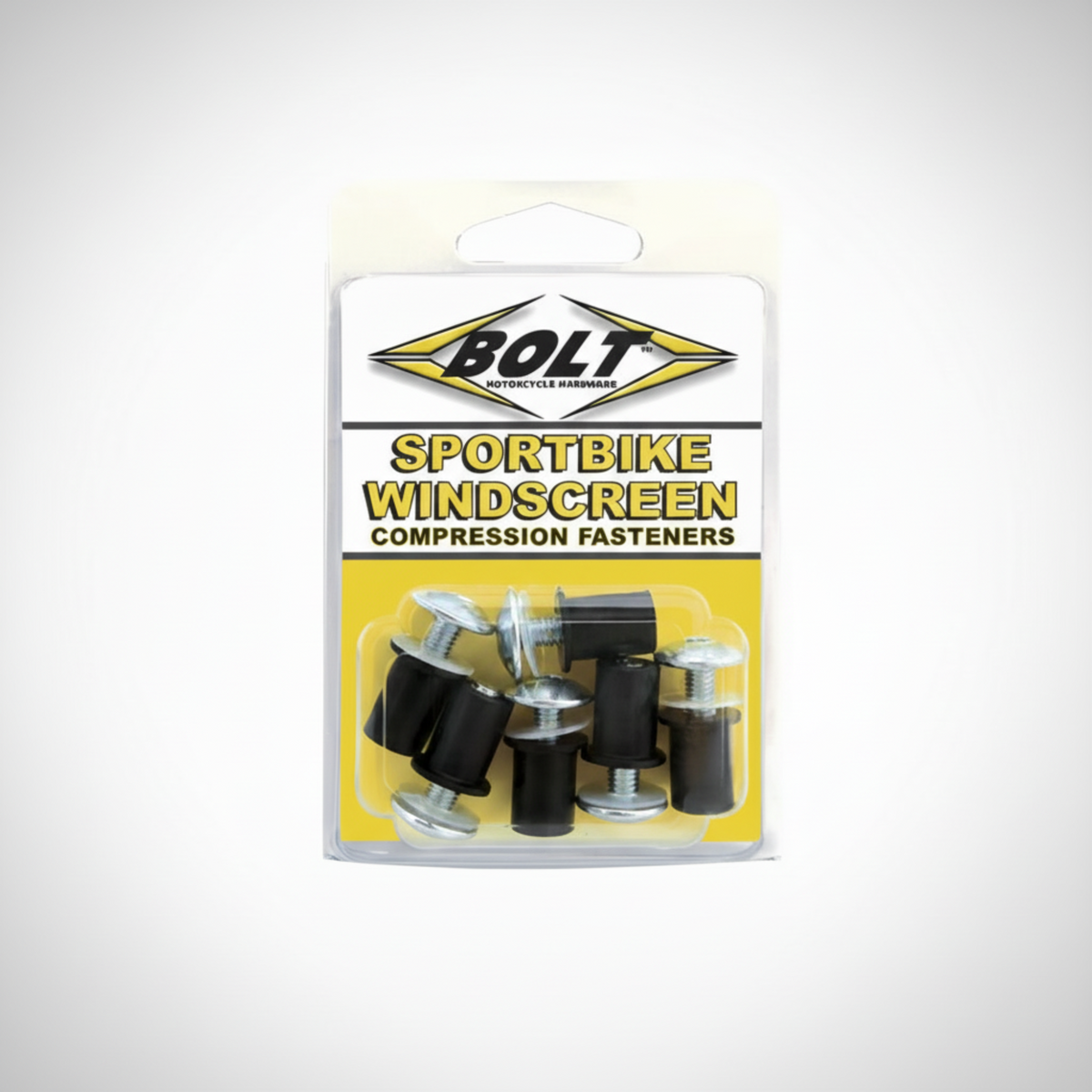 Packaged sports bike windscreen compression fasteners with Bolt branding on a gray background