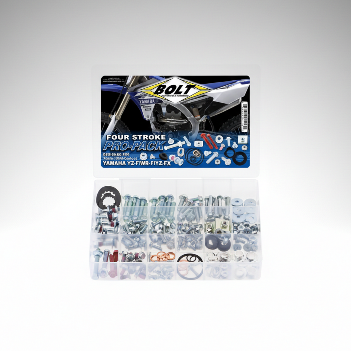 Bolt Motorcycle Hardware Yamaha Four-Stroke Pro Pack showing 190 pieces of metric hardware in an organized container.