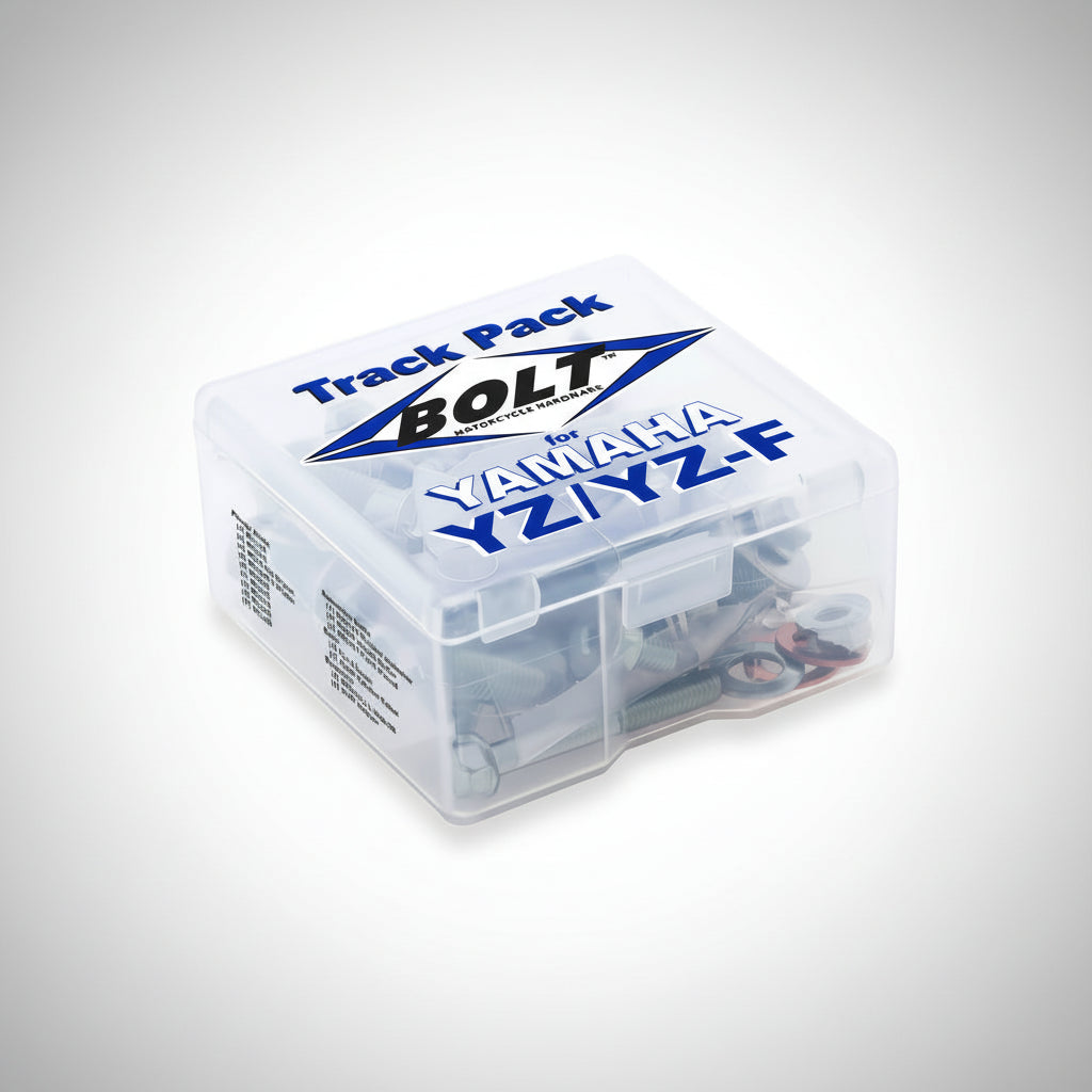 Clear plastic box labeled 'BOLT Track Pack' for Yamaha YZ/YZF on a white background