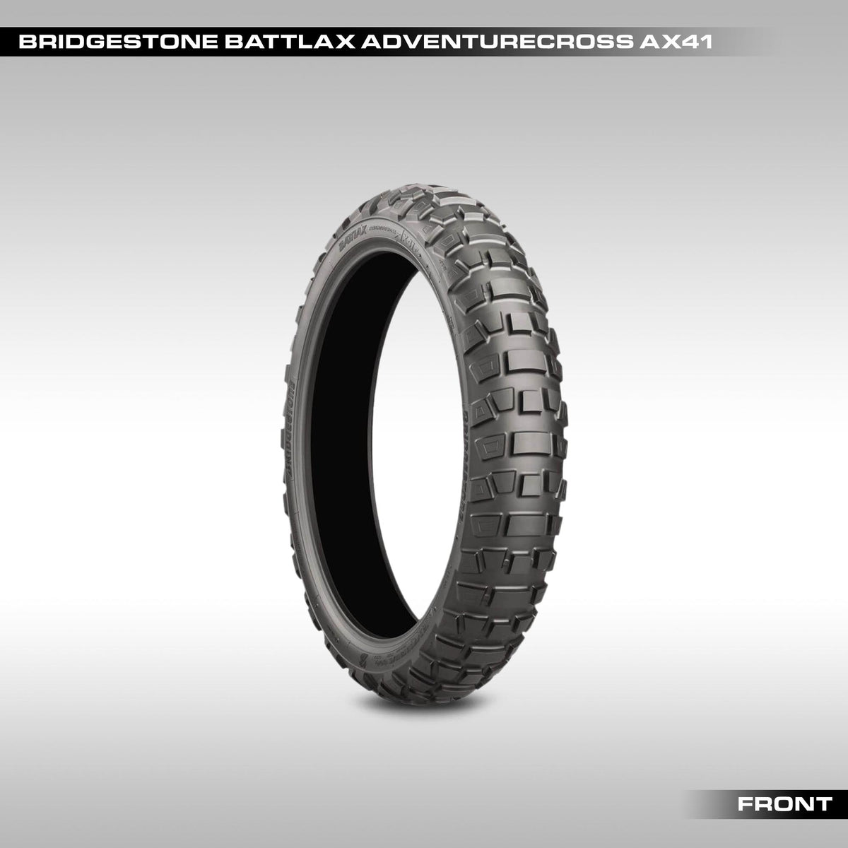 Two Bridgestone Battlax Adventurecross AX41 tire on a gray background