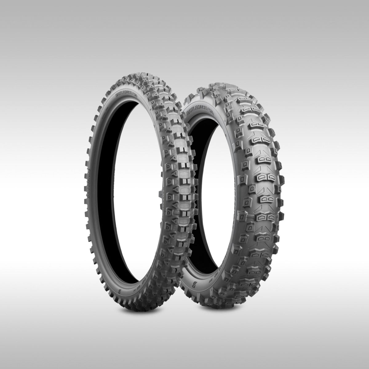 Bridgestone Battlecross E50 DOT approved enduro motorcycle tires showing the Castle Block tread pattern.