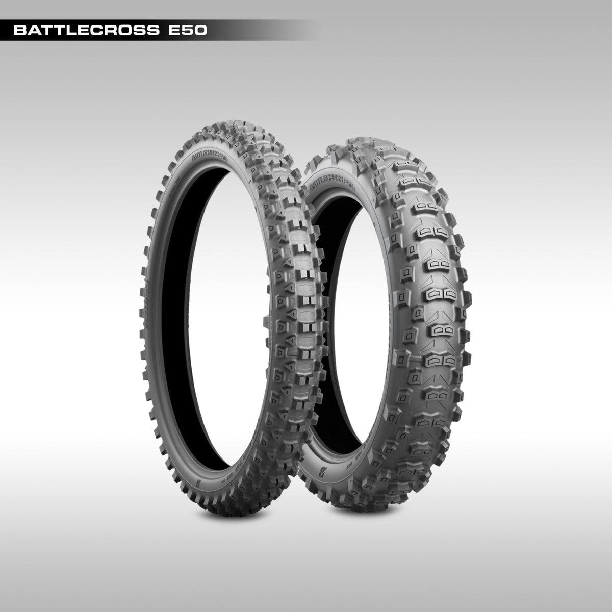 Bridgestone Battlecross E50 DOT approved enduro motorcycle tires showing the Castle Block tread pattern.