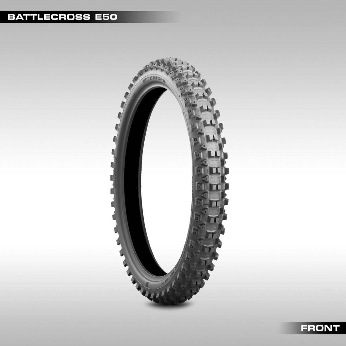 Bridgestone Battlecross E50 DOT approved enduro motorcycle tires showing the Castle Block tread pattern.