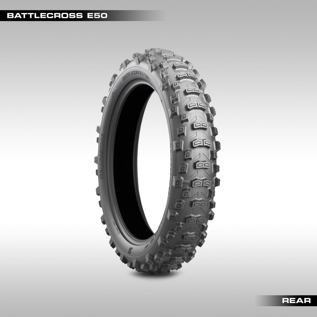 Bridgestone Battlecross E50 DOT approved enduro motorcycle tires showing the Castle Block tread pattern.