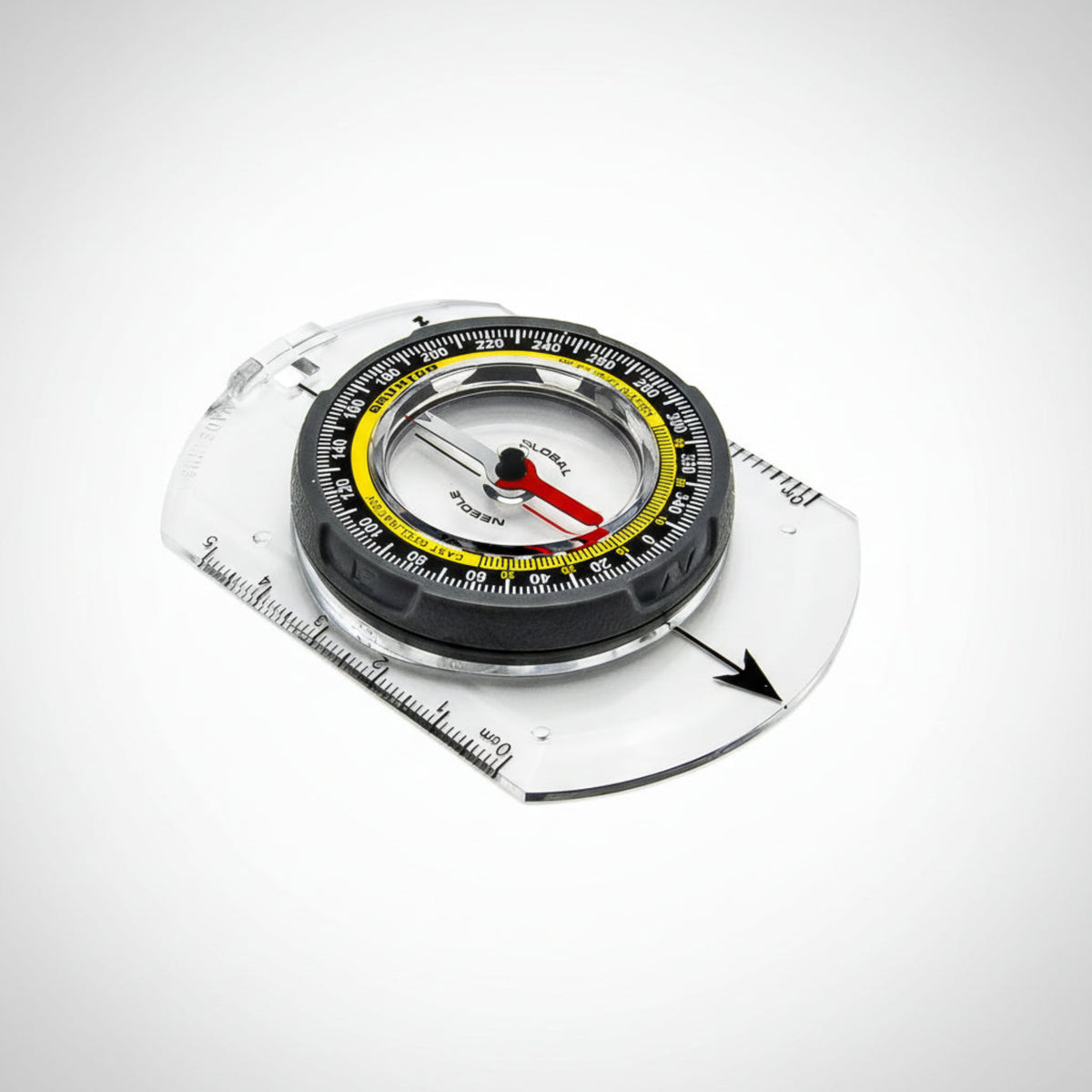 Brunton TruArc 3 baseplate compass showing the global needle, azimuth ring, and map scales.