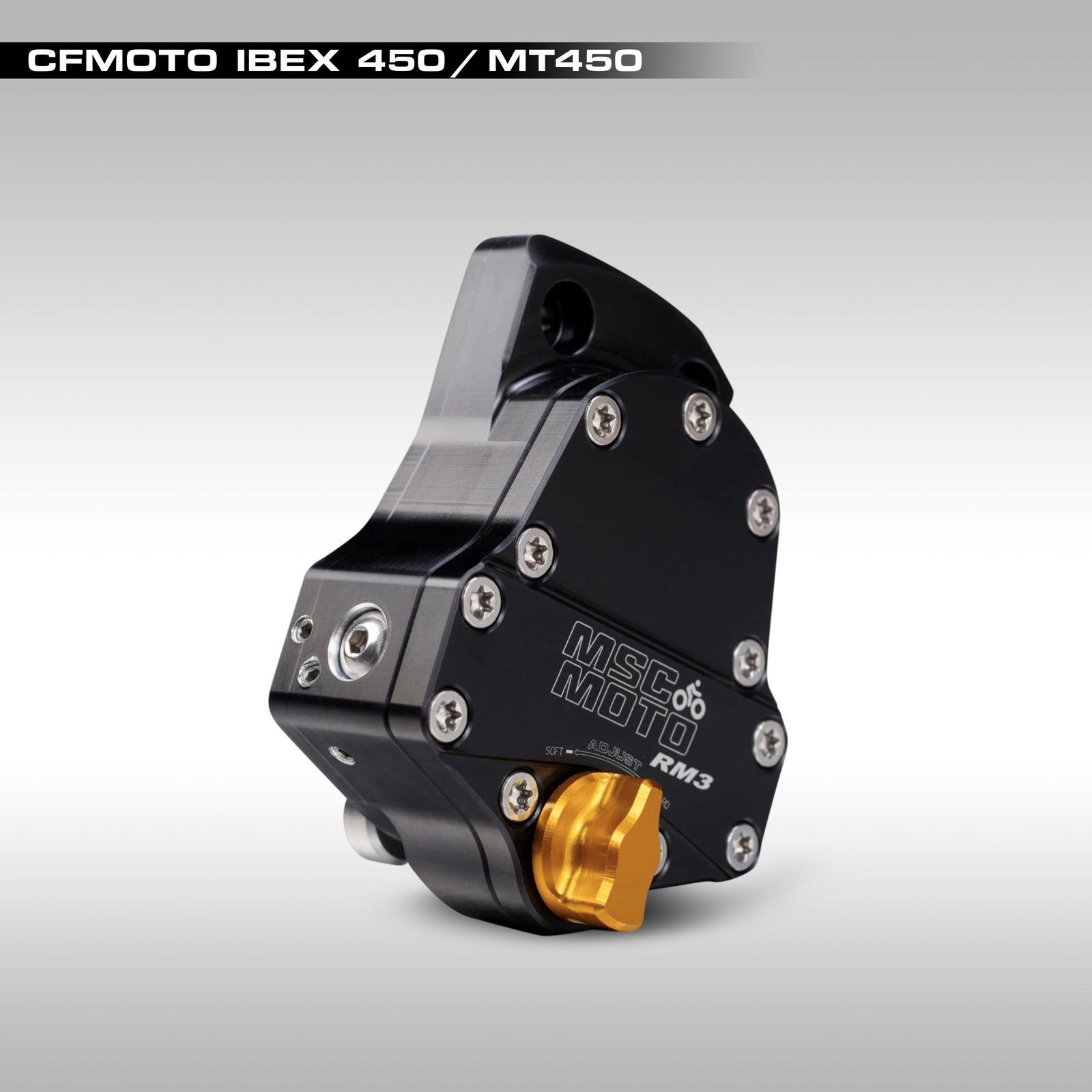 Black and gold MSC MOTO RM3 steering damper kit designed for CFMOTO IBEX 450 / MT450 motorcycles.
