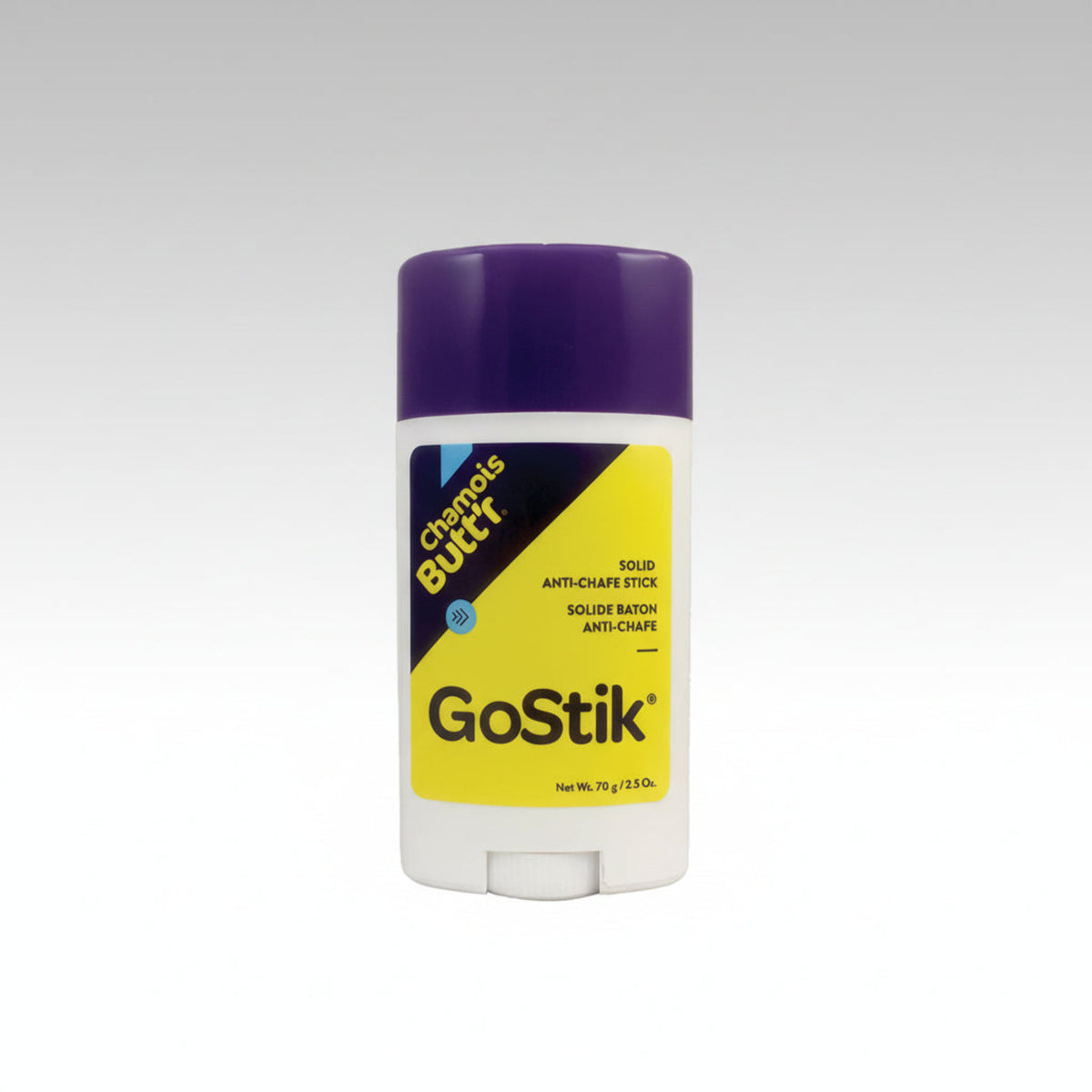 Chamois Butt'R GoStik anti-chafe stick with purple cap and yellow label on a light gray background
