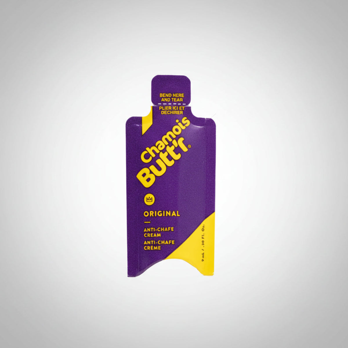 Purple and yellow packet of Chamois Butt'r anti-chafe cream on a white background