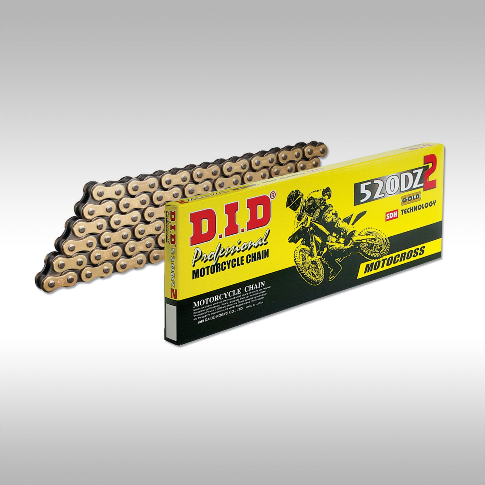 D.I.D 520D Gold motorcycle chain with the box on a light gray background