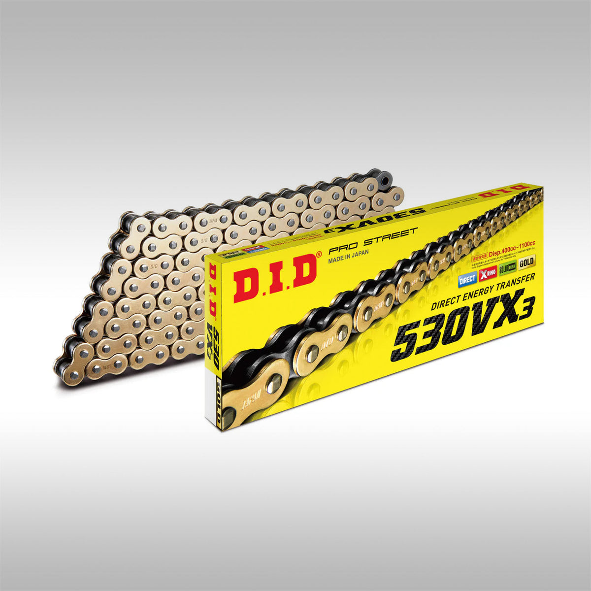 D.I.D motorcycle chain with packaging on a gray background