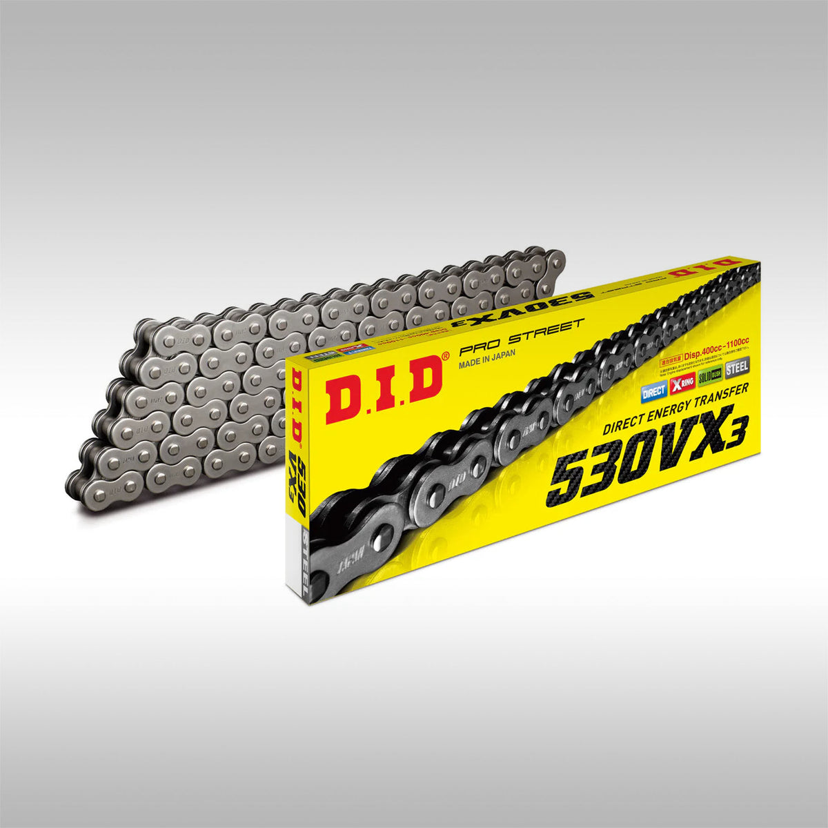 D.I.D motorcycle chain with packaging on a gray background