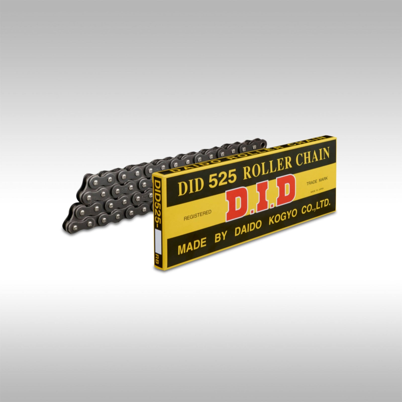 D.I.D 525 standard series non o-ring motorcycle roller chain in natural steel finish.