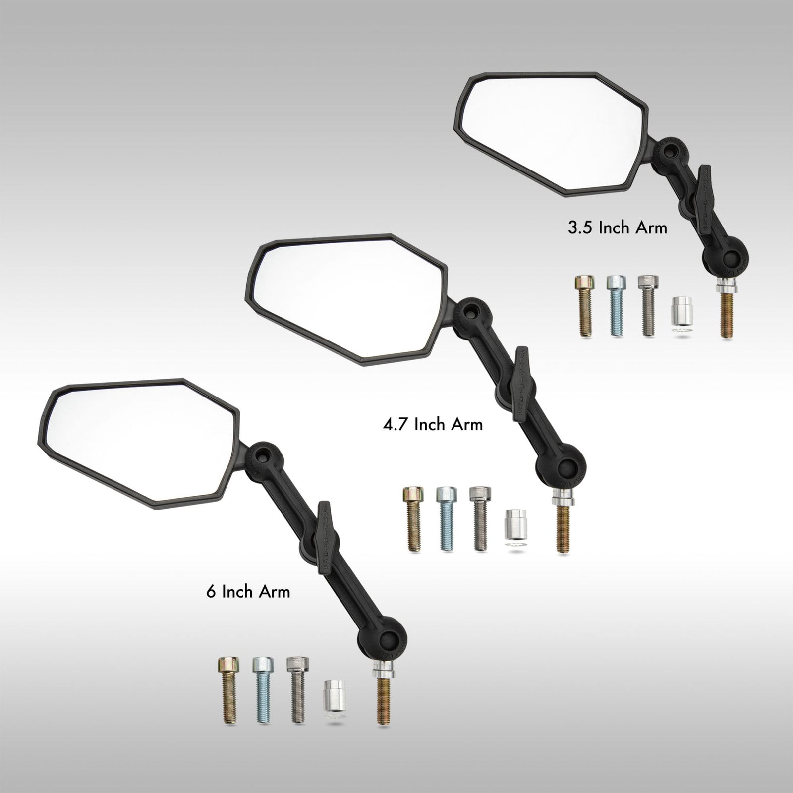Three different length options shown for the Doubletake Adventure 2.0 Mirrors.