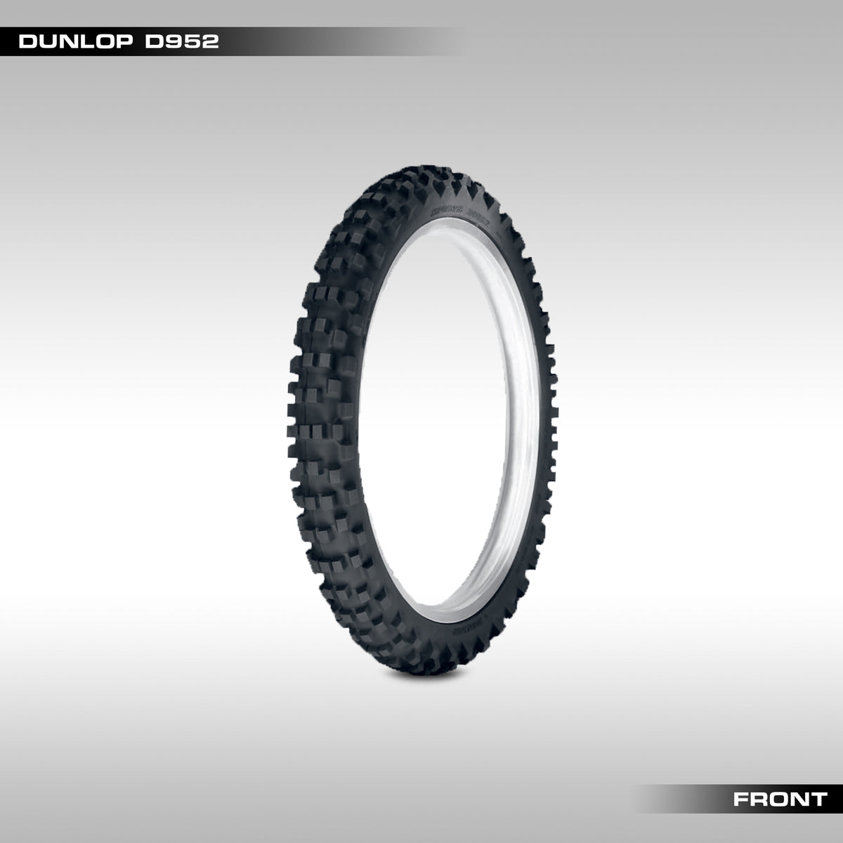 Front Dunlop D952 off-road motorcycle tire with knobs pattern tread on a white background.
