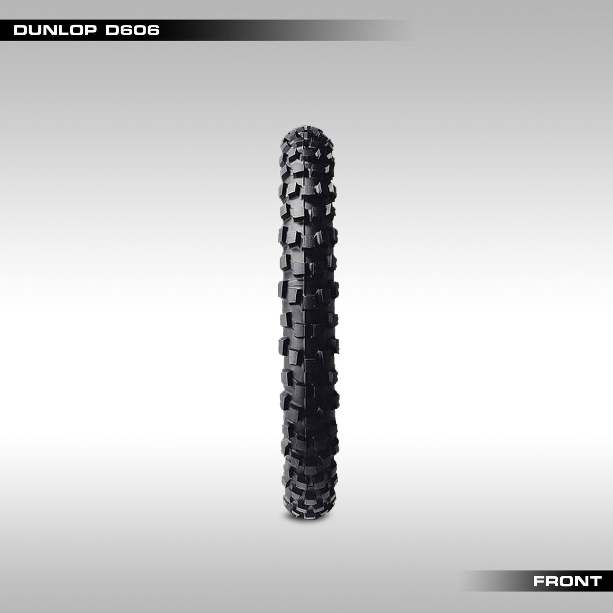 Front Dunlop D606 dualsport tire on a gray background